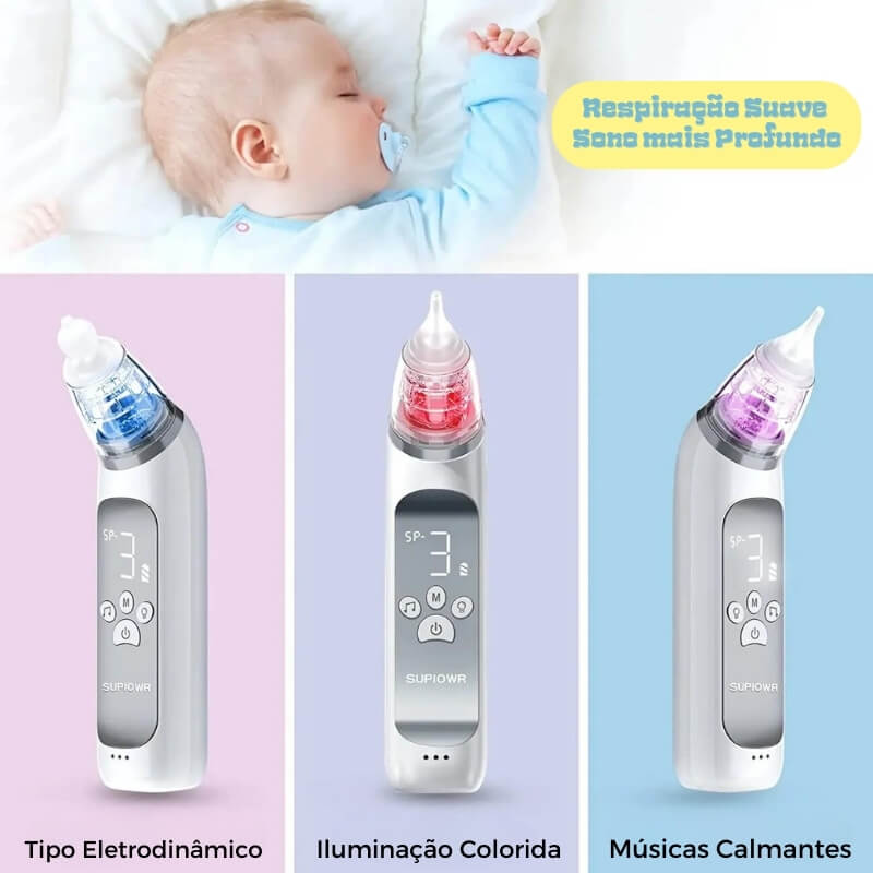 Aspirador Nasal Elétrico Tesouro® - Sucção 3x mais Segura e Eficaz - 3 modos de sucção + Luzinhas Terapêuticas + Música Calmante (3 Bicos de BRINDE) - Tesouro Baby