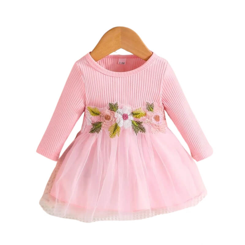 Vestido Rosa Floral Infantil - Manga Longa - Feminino Bebê