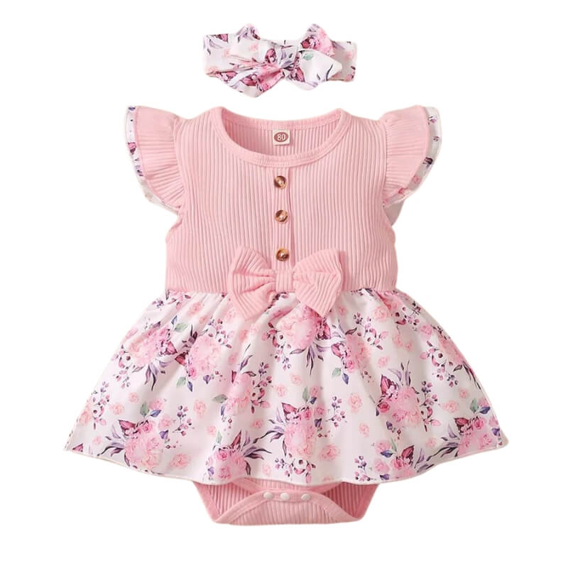 Vestido Floral para Bebê - 2 Pçs - Vestido e Laço - Menina Bebê