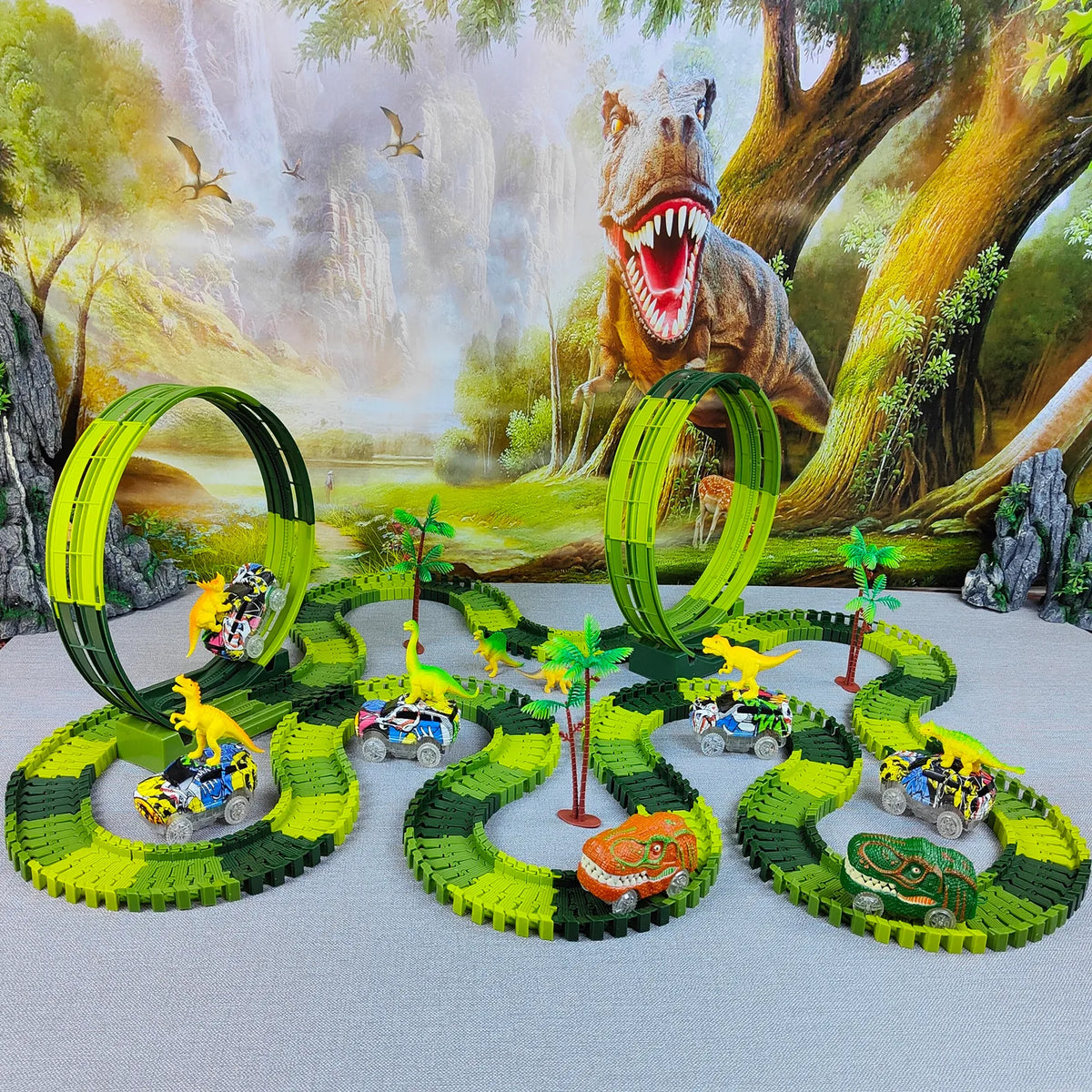 PistaDino - Carrinho de Brinquedo - Cenário de Dinossauros - Kit Pista + Carrinho + Dinossauros
